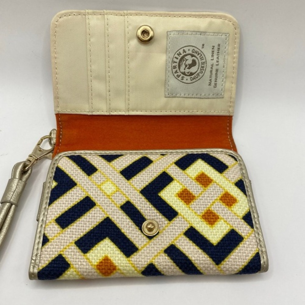 Spartina Retro Geometric Bifold Wallet Wristlet Natural Linen Leather Trim. - Picture 5 of 8
